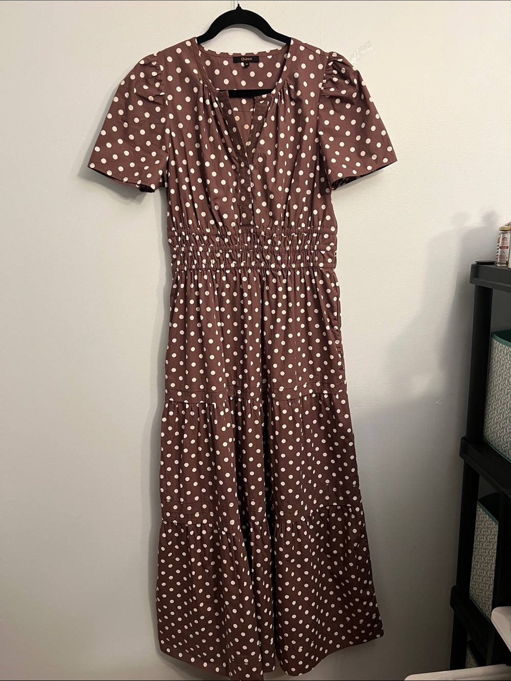 Quince Brown Polka Dot Puff Sleeve Midi Dress M – Worn Once